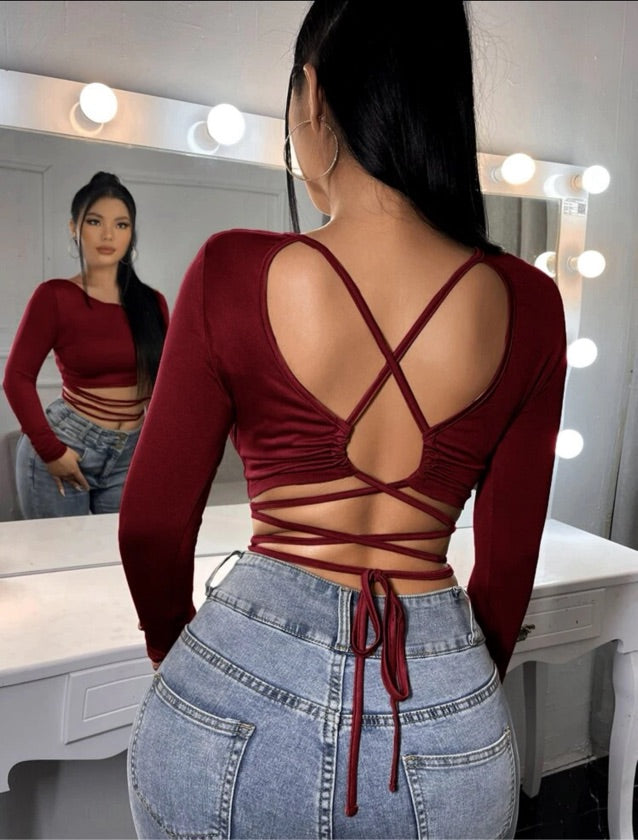 Blusa manga larga, rojo vino