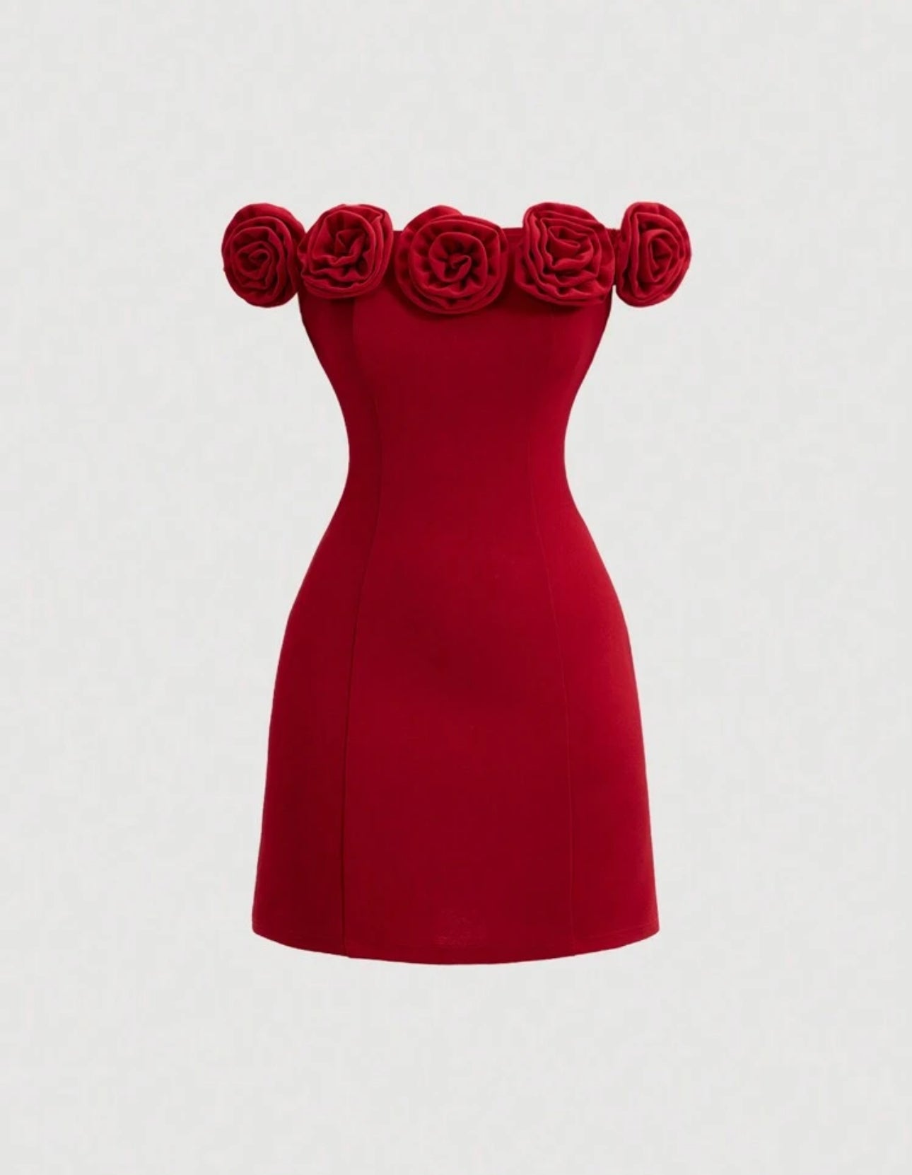 Vestido rojo sólido con hombros descubiertos y flores 3D