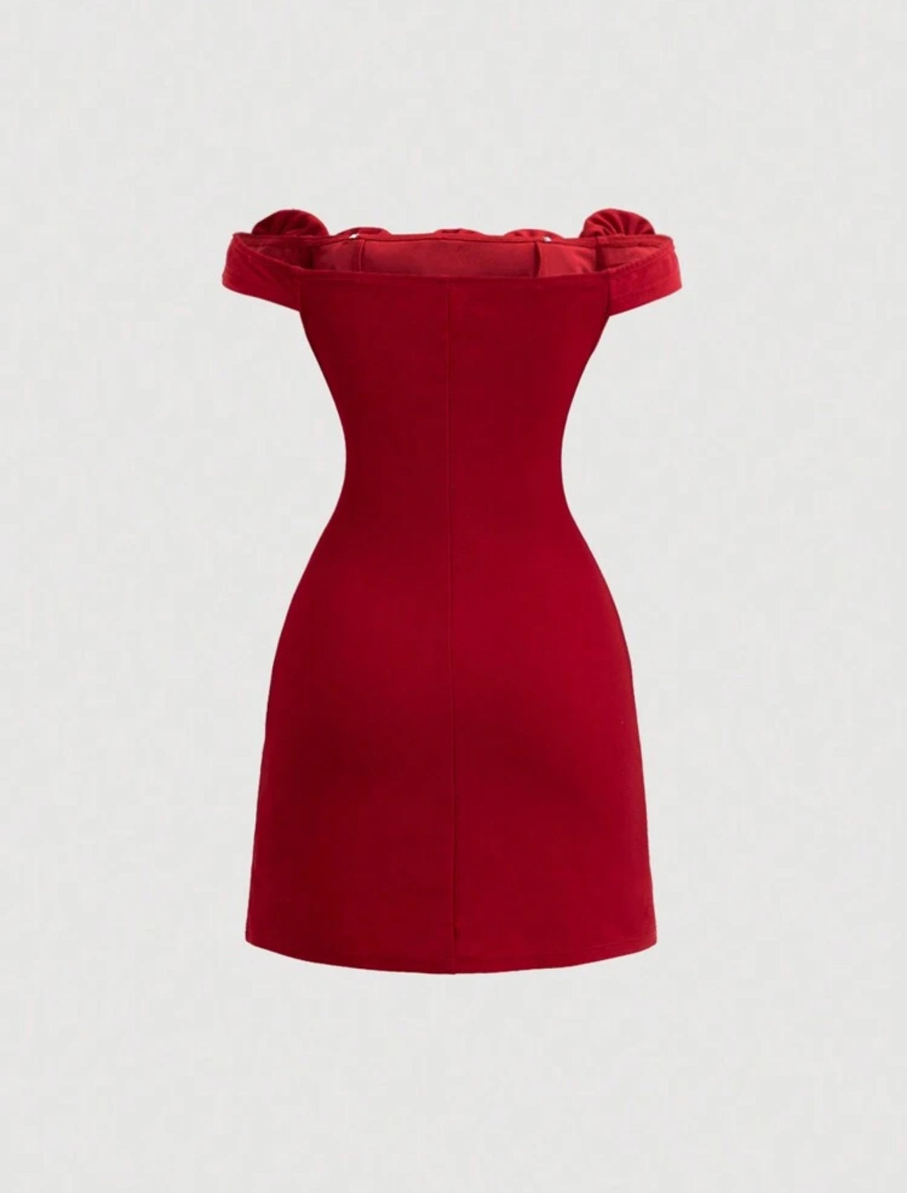 Vestido rojo sólido con hombros descubiertos y flores 3D