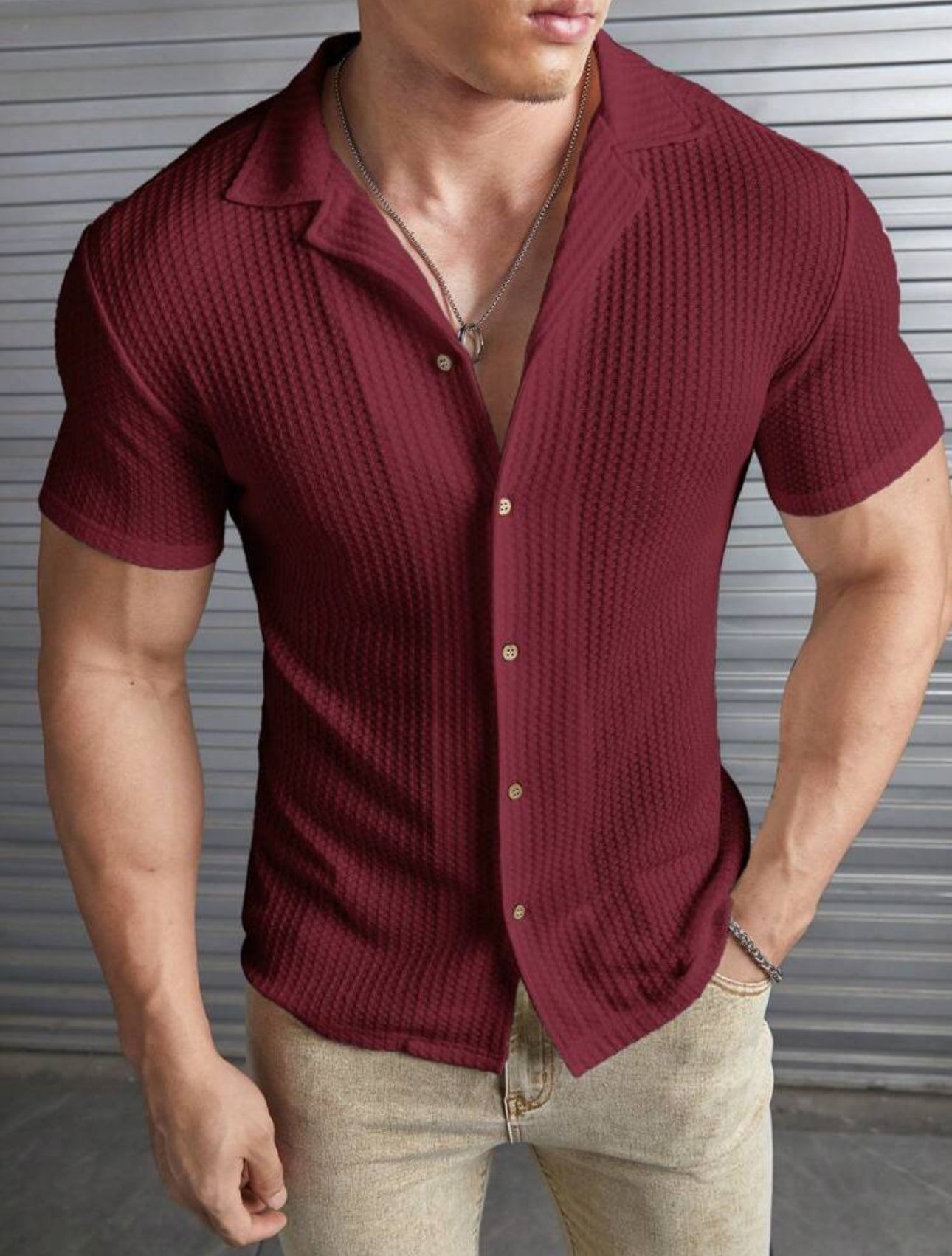 Modomio Hombres Camisa unicolor con botón delantero