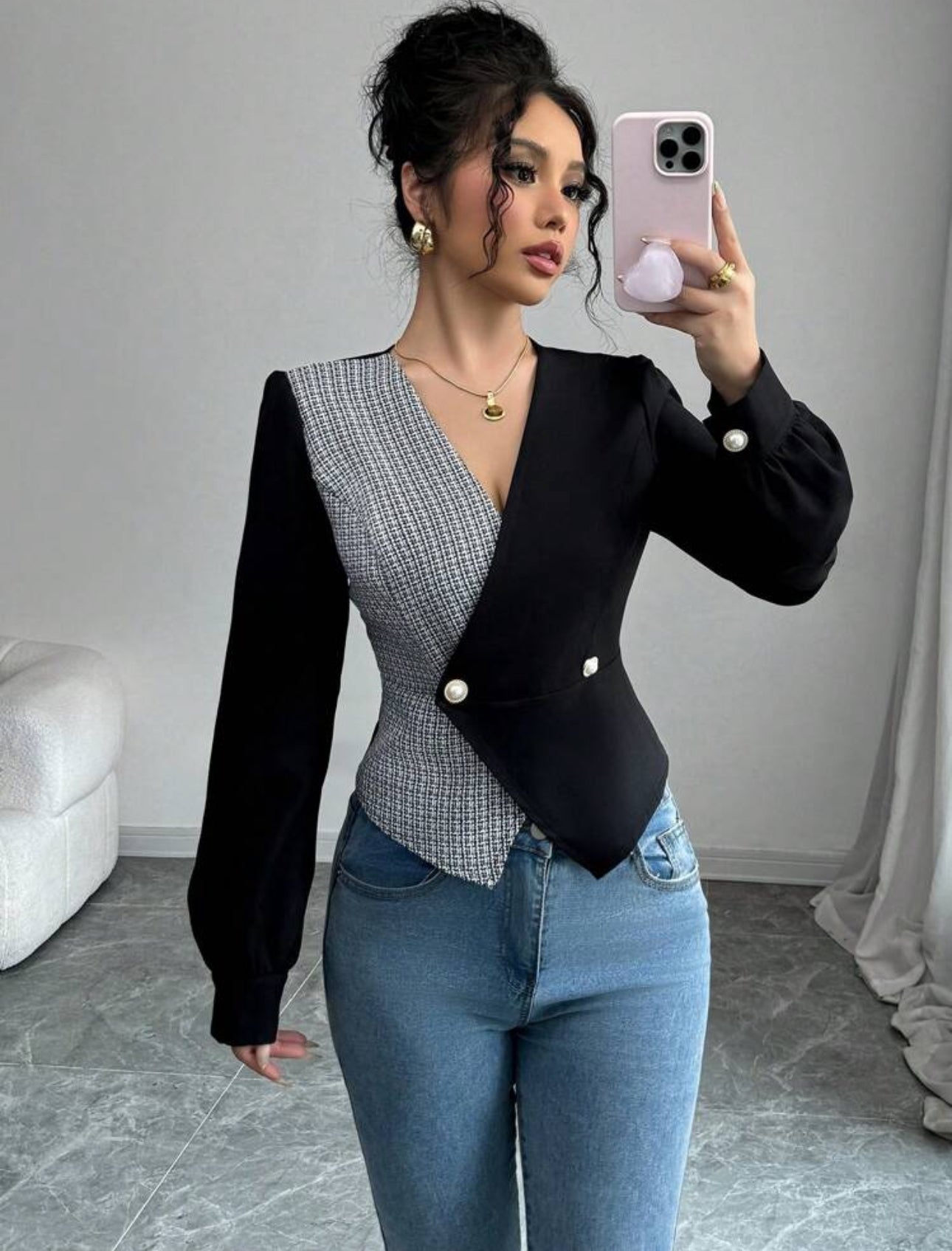 Elenzga Blusa elegante con escote en V cruzado y abotonadura doble, en estilo patchwork